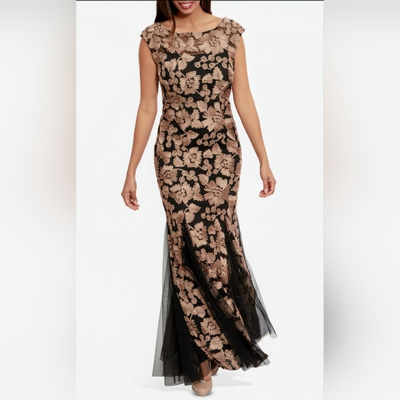 Alex Evenings/David's Bridal, Champagne-Black, Embroidered, Tulle Godets, Sz. 16 - Picture 14 of 15